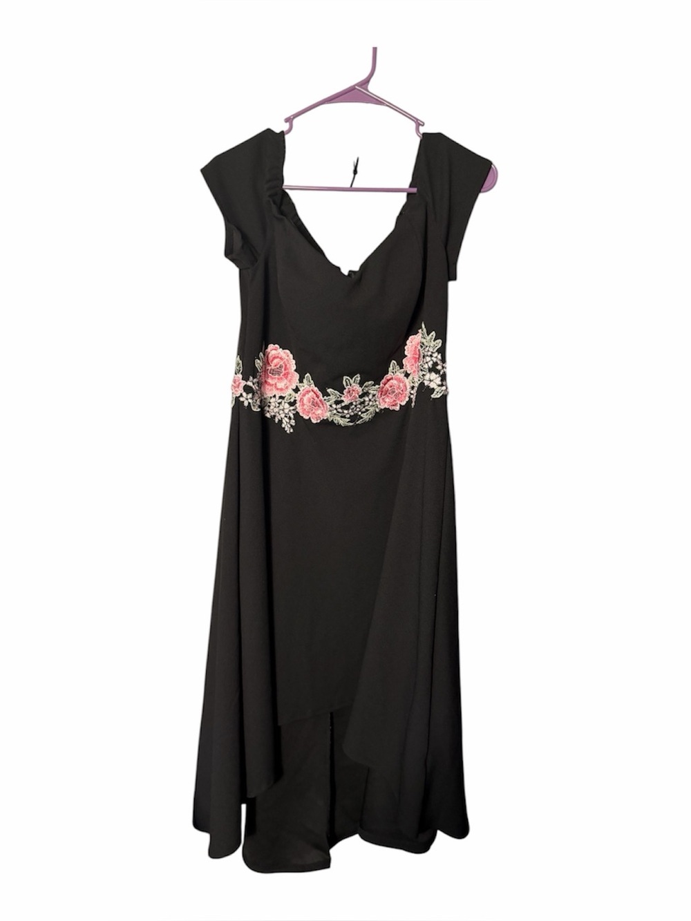 Elegant Black High-Low Dress with Pink Floral Embroidery